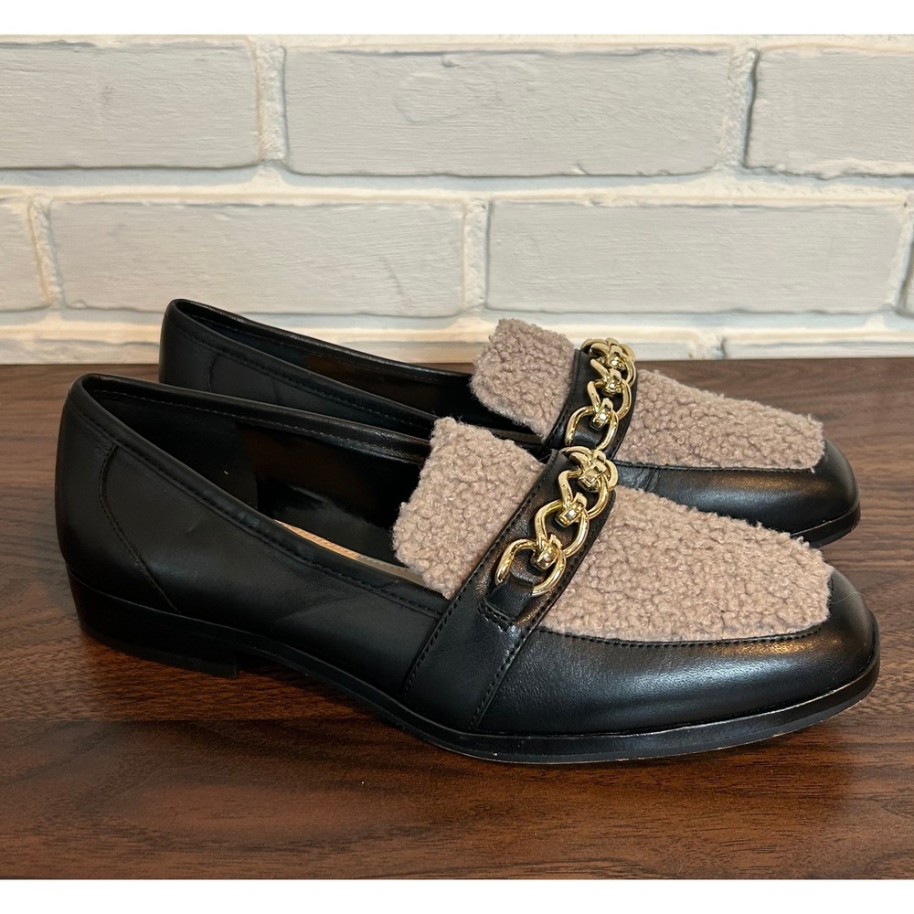 Vince Camuto Breenan Black Leather Faux Fur Shearling Chain Loafer Women 8M Gold